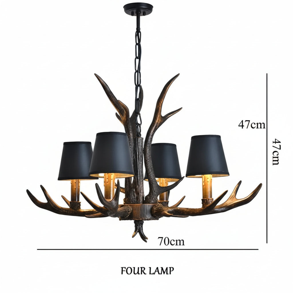 Chandelier with antler design and four black lampshades, shown with measurements on a gray background.