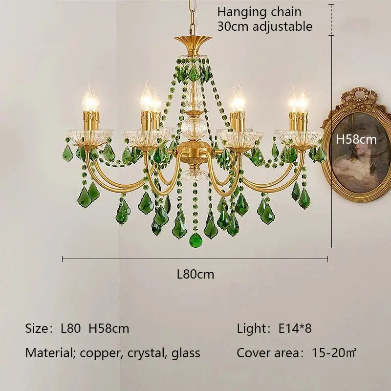 French Retro Copper Rreen Crystal Living Room Chandeliers Light Luxury Dining Room Bedroom Study Candle Pendant Lights E14 Lamps ChandeliersLife®