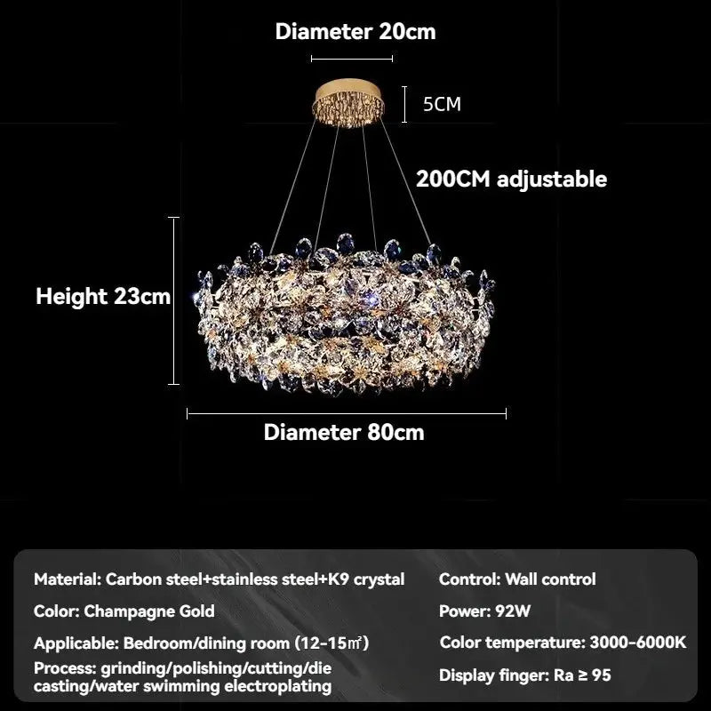 Chandelier with dimensions and specifications on a black background