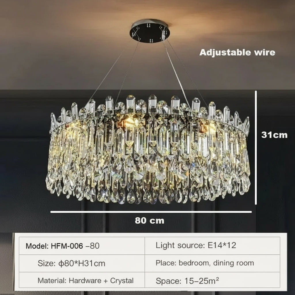 Crystal chandelier with adjustable wire, dimensions, and product details on a dark background
