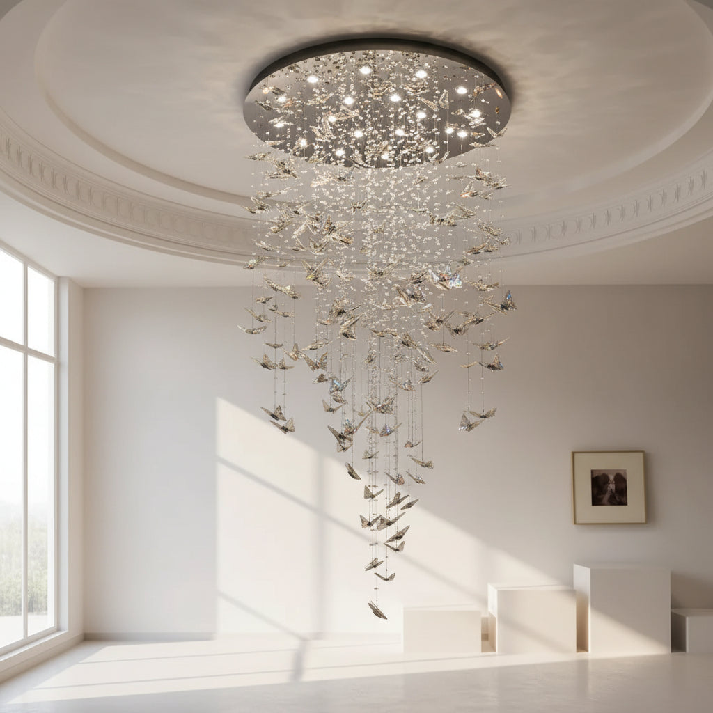 Luxurious chandelier hanging in a bright room with large windows and minimal decor.