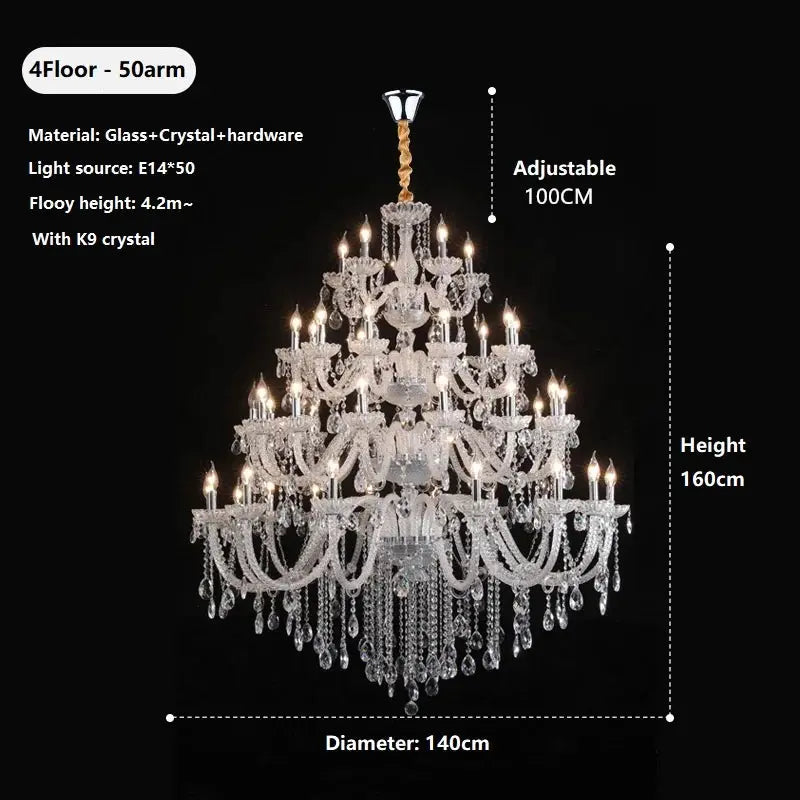 Chandelier with dimensions and material details on a black background