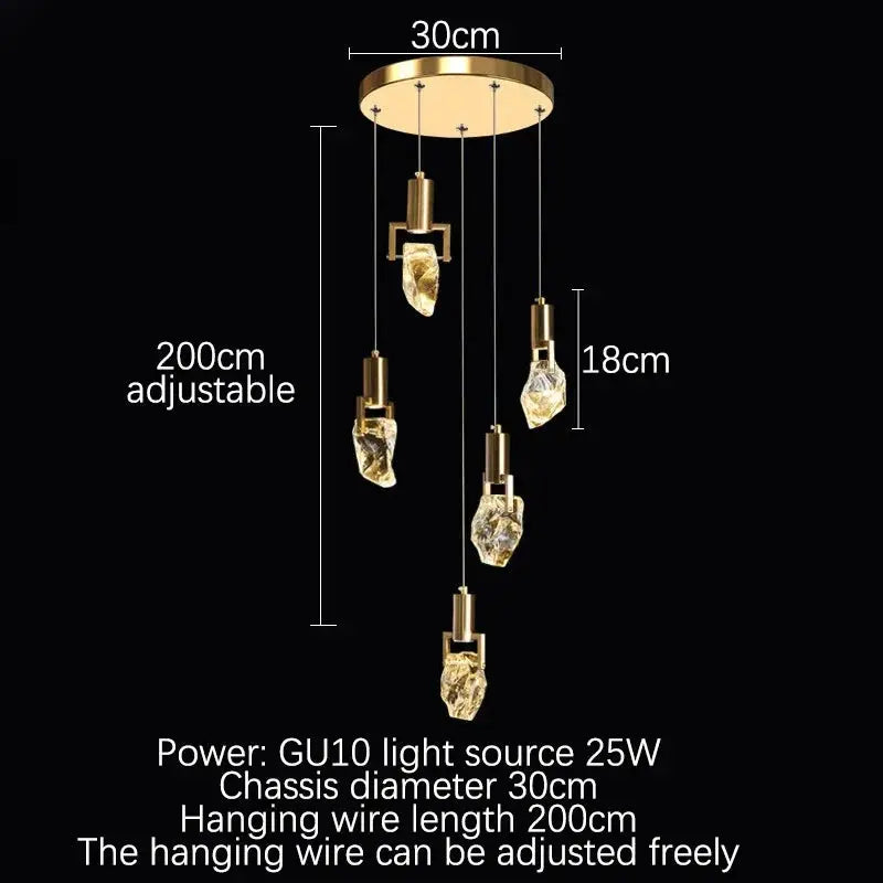 Five-light crystal chandelier diagram labelled with a 30 cm canopy, 200 cm adjustable drop and 25 W GU10 lighting.