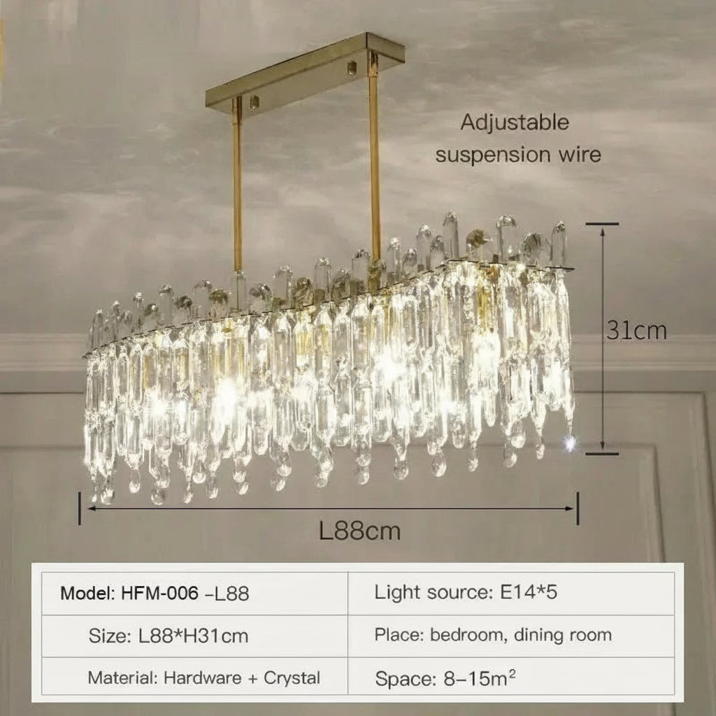 Chandelier with crystal details and measurement labels on a neutral background