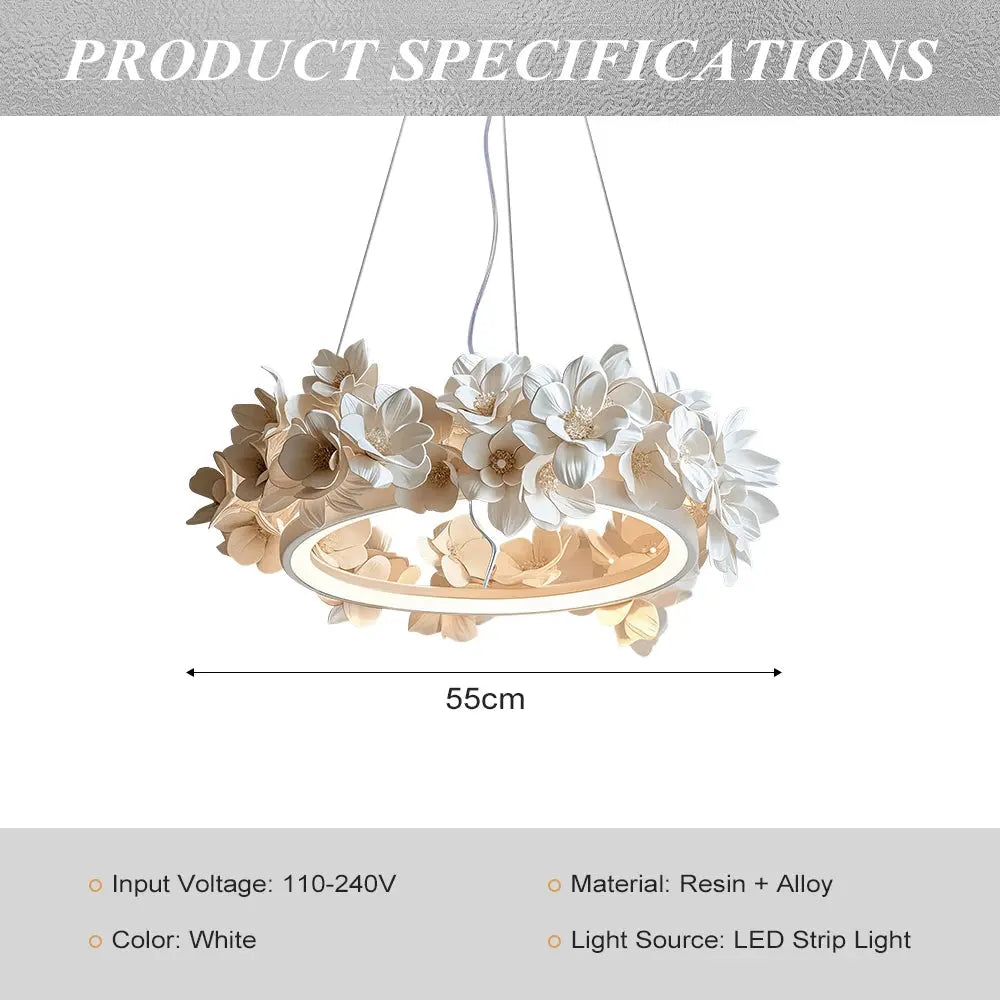 Floral pendant light with product specifications on a gray background