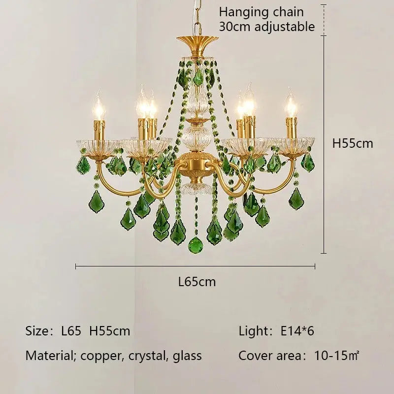 French Retro Copper Rreen Crystal Living Room Chandeliers Light Luxury Dining Room Bedroom Study Candle Pendant Lights E14 Lamps ChandeliersLife®