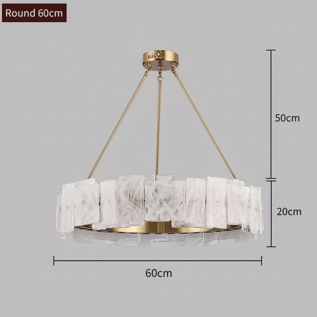 Chandelier with marble-like design and gold accents, shown with dimensions on a gray background.