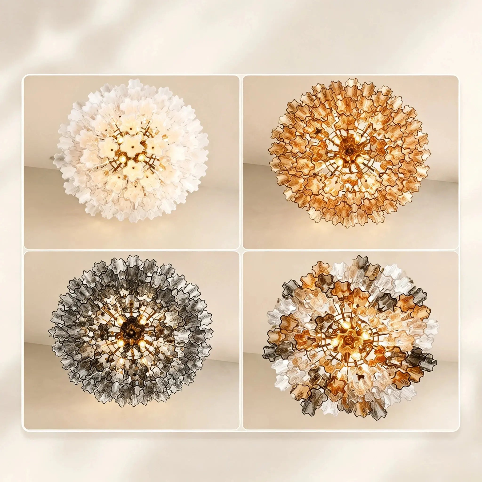 Four crystal chandeliers in different color combinations (white, gold, silver, and mixed gold/silver/white) arranged in a 2x2 grid on a warm beige background.