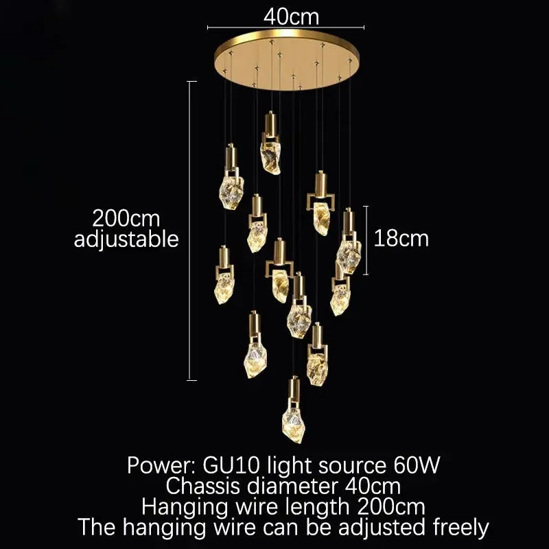 Crystal chandelier diagram labelled with a 40 cm canopy, 200 cm adjustable drop, 18 cm pendant and 60 W GU10 lighting.