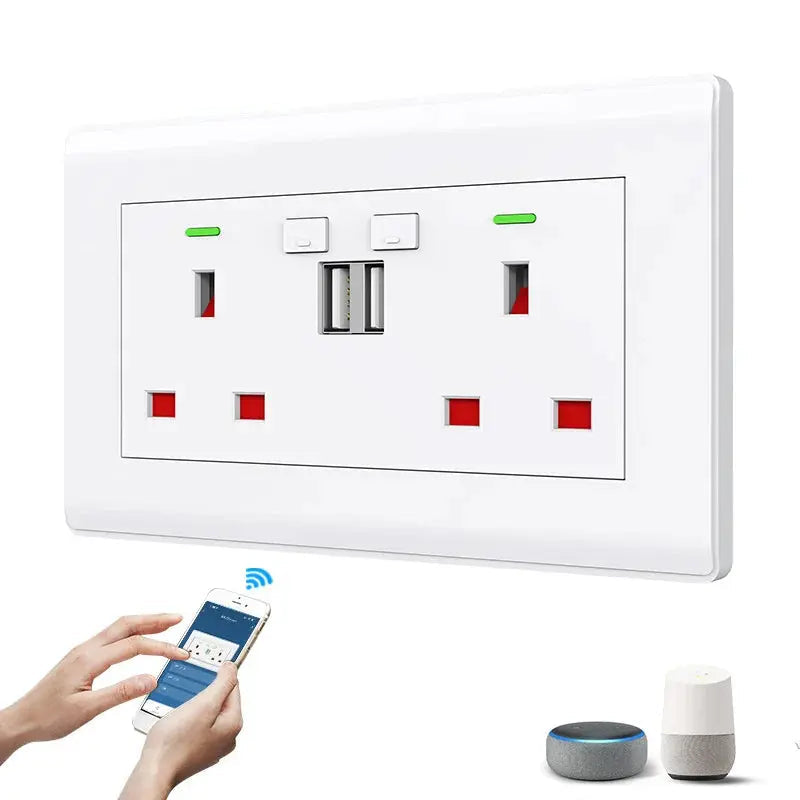 Smart wall socket with digital display and control app on smartphone, featuring the brand 'Milfra'.