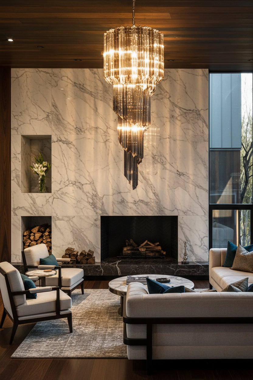 A modern multi-tiered chandelier with clear crystal or glass prisms glowing warm yellow, hanging in a contemporary interior with a textured gray wall and dark wood ceiling.