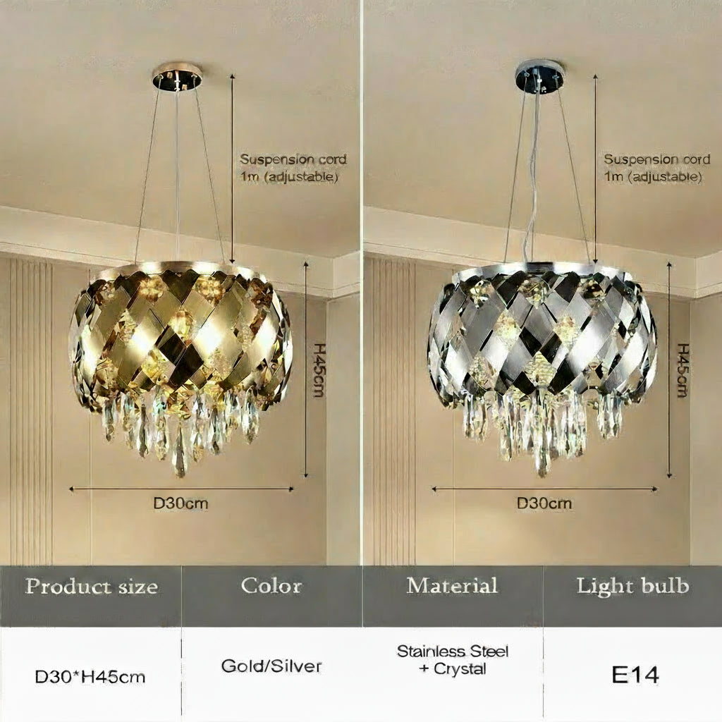 Two pendant lights, one gold and one silver, with dimensions and material details.