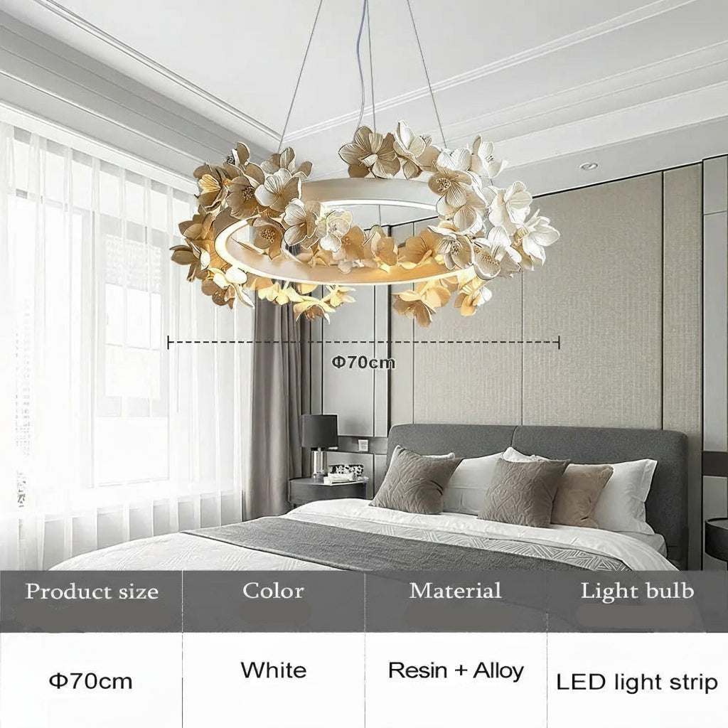 Decorative chandelier in a bedroom setting with product details.