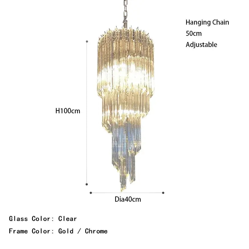 Chandelier with dimensions and color options on a white background