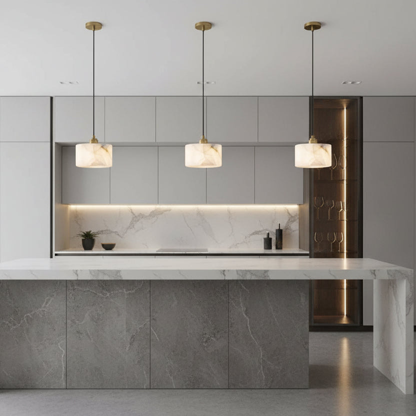 Marble-textured pendant light on a gray background