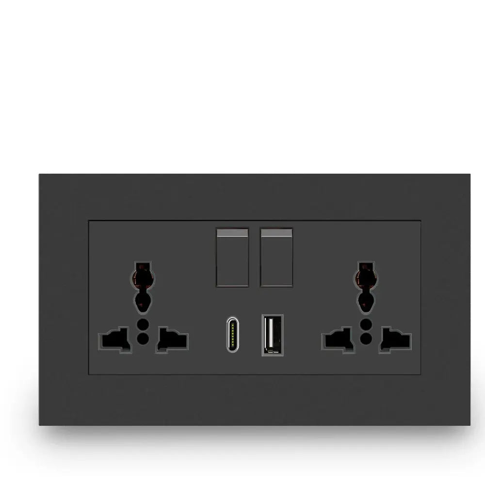 Black wall socket with multiple ports and USB slots on a white background, featuring the Delviz brand.