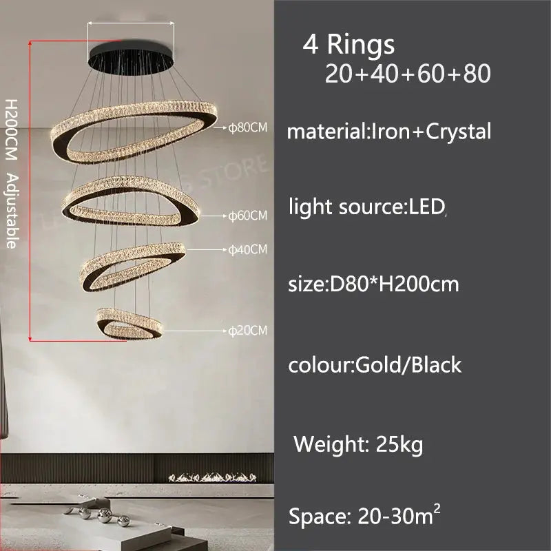 Chandelier with four rings and specifications on a gray background