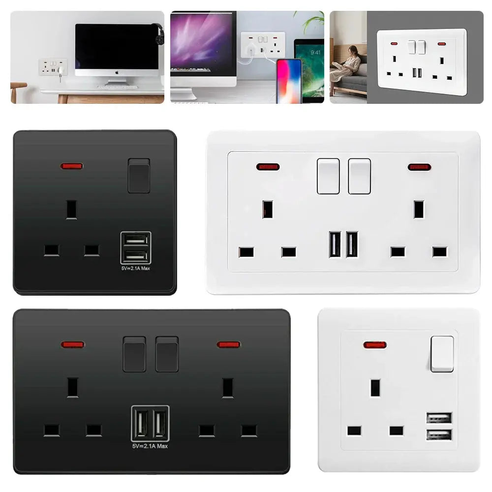 Dual-Wall Plug Socket 3A with 2 USB Charging Ports and Flat Plate - UK Standard ChandeliersLife®