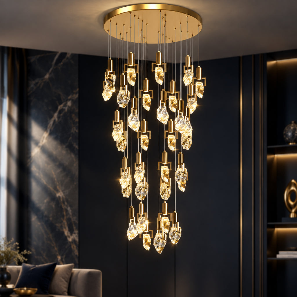 Round crystal chandelier with cascading irregular drops and a gold-toned canopy in a dark living room.