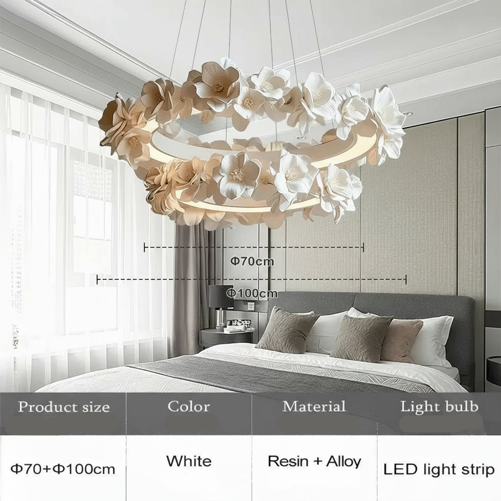 Floral chandelier in a bedroom setting with product details.