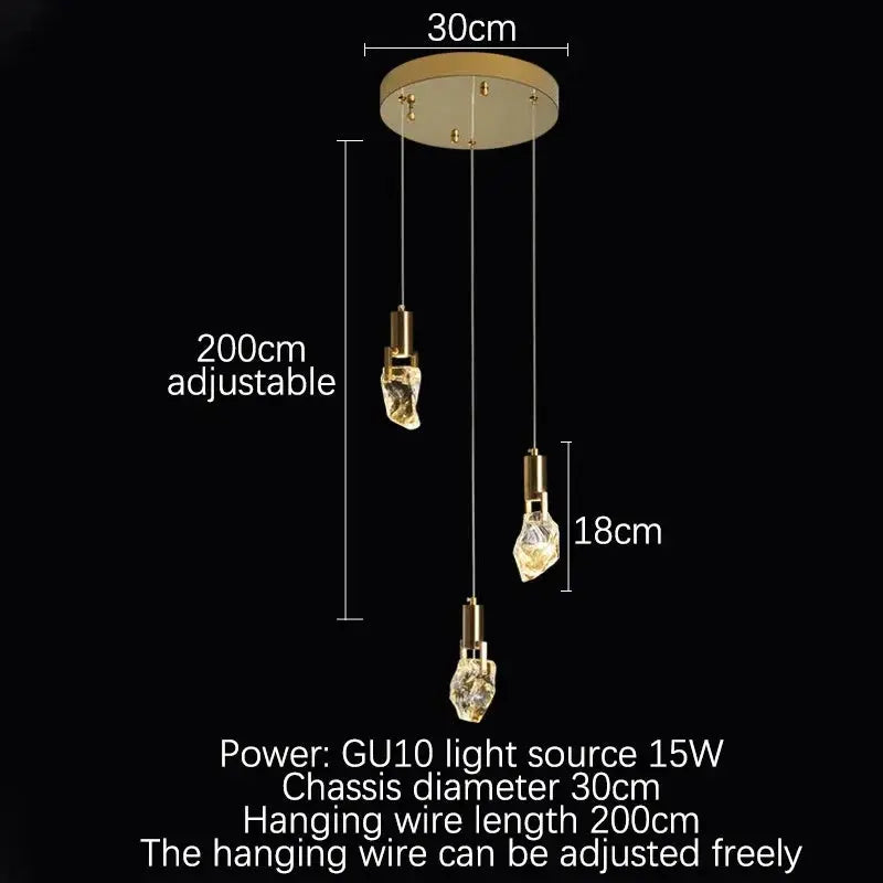 Three-light crystal pendant diagram labelled with a 30 cm canopy, 200 cm adjustable drop and 15 W GU10 lighting.