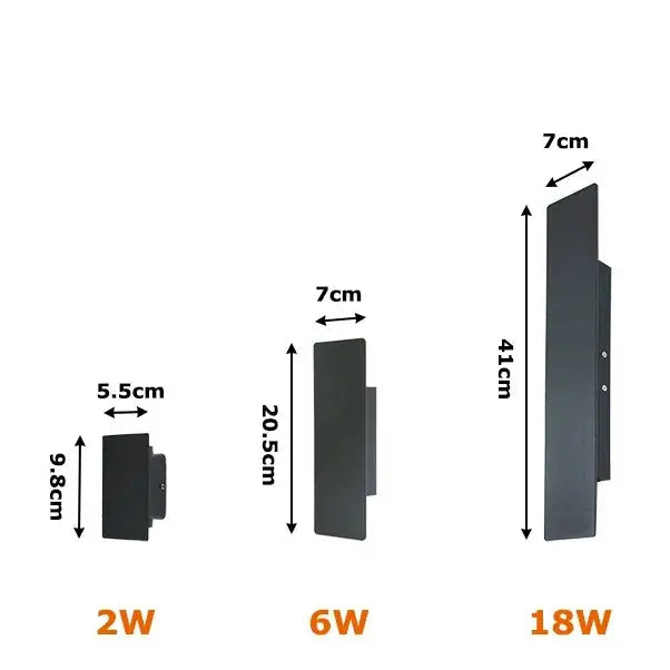 Dimensions of different power ratings of a black rectangular object on a white background
