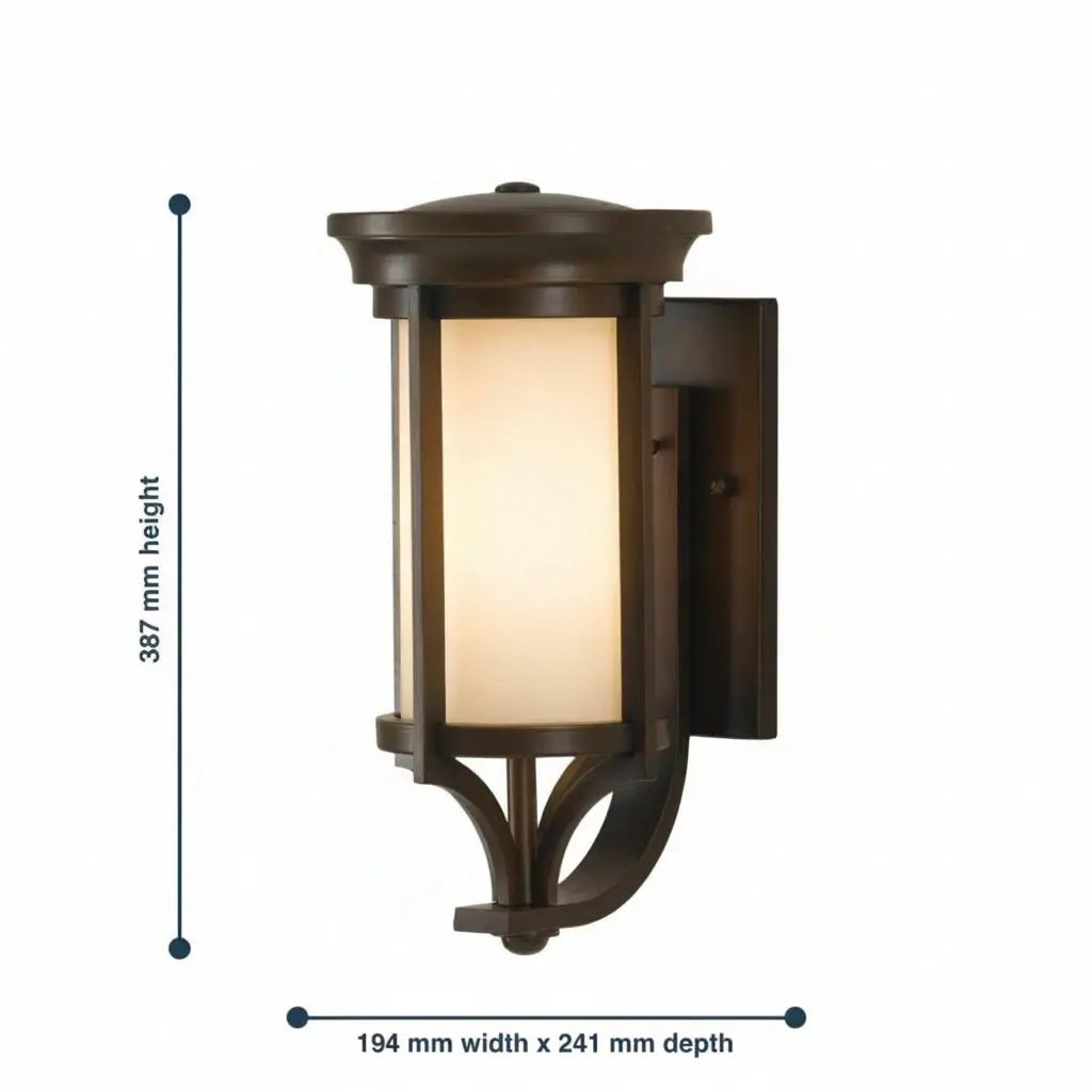 Brown outdoor wall light fixture with dimensions on a white background