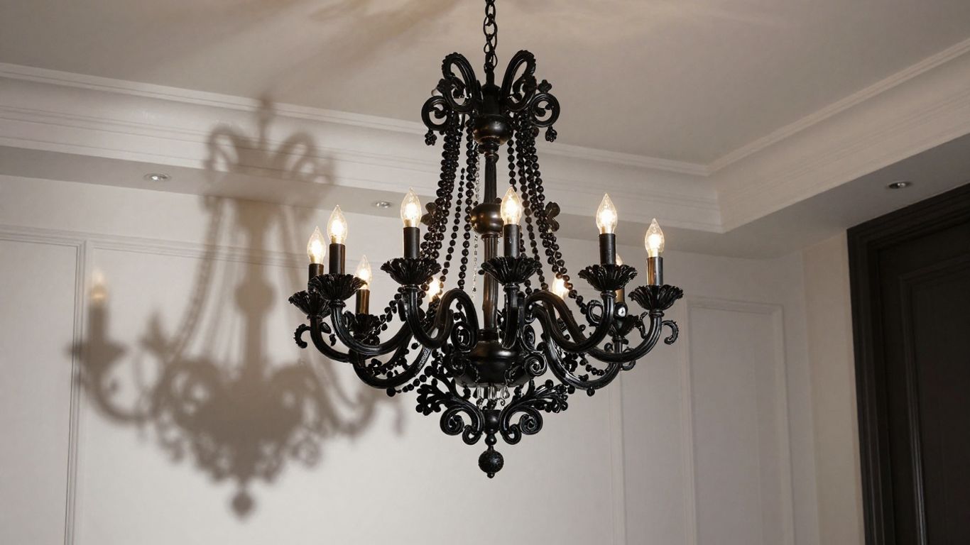 Elegant black chandelier in a modern, stylish room.