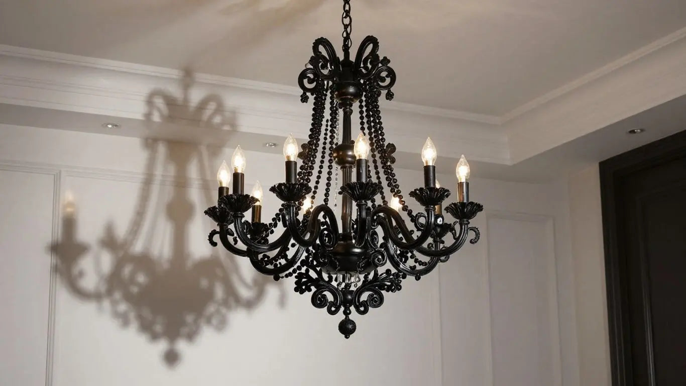 Elegant black chandelier in a modern, stylish room.