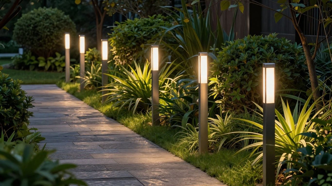 Garden light posts illuminating a pathway at dusk.