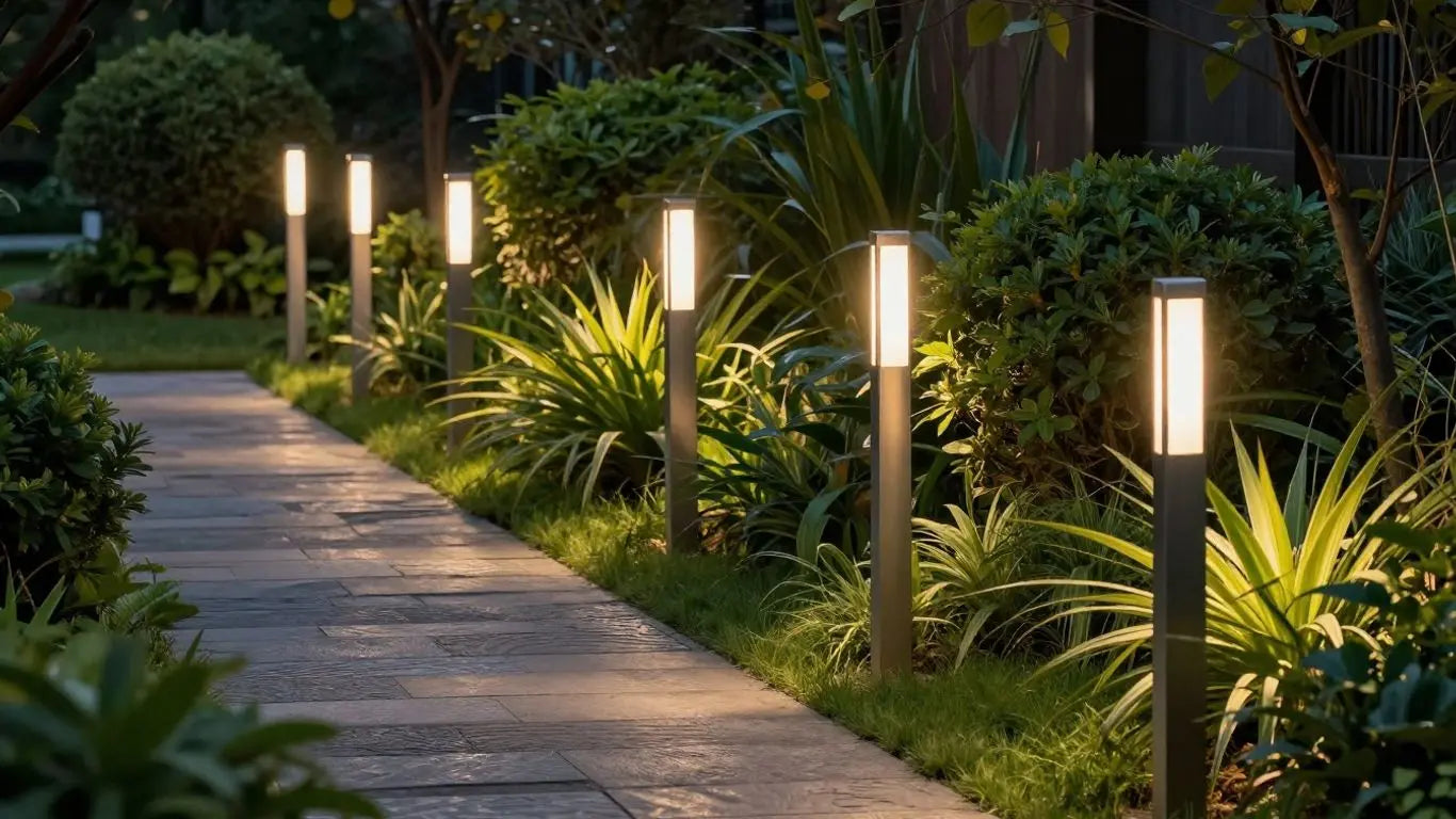 Garden light posts illuminating a pathway at dusk.