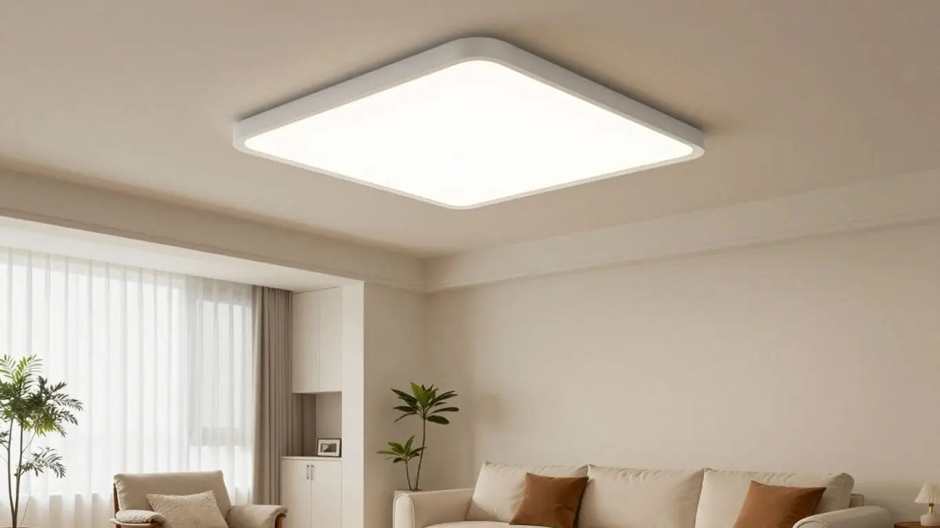 Modern flush ceiling light illuminating a living room.