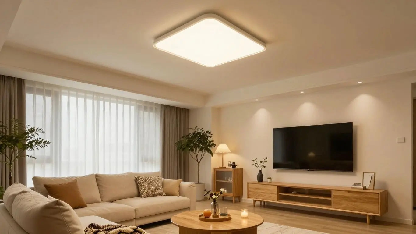 Living room with bright, ambient ceiling lights.