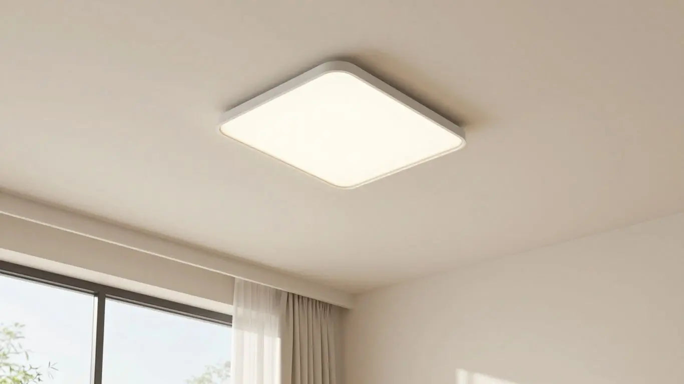 Flush-mount light fixture in a room with low ceilings.