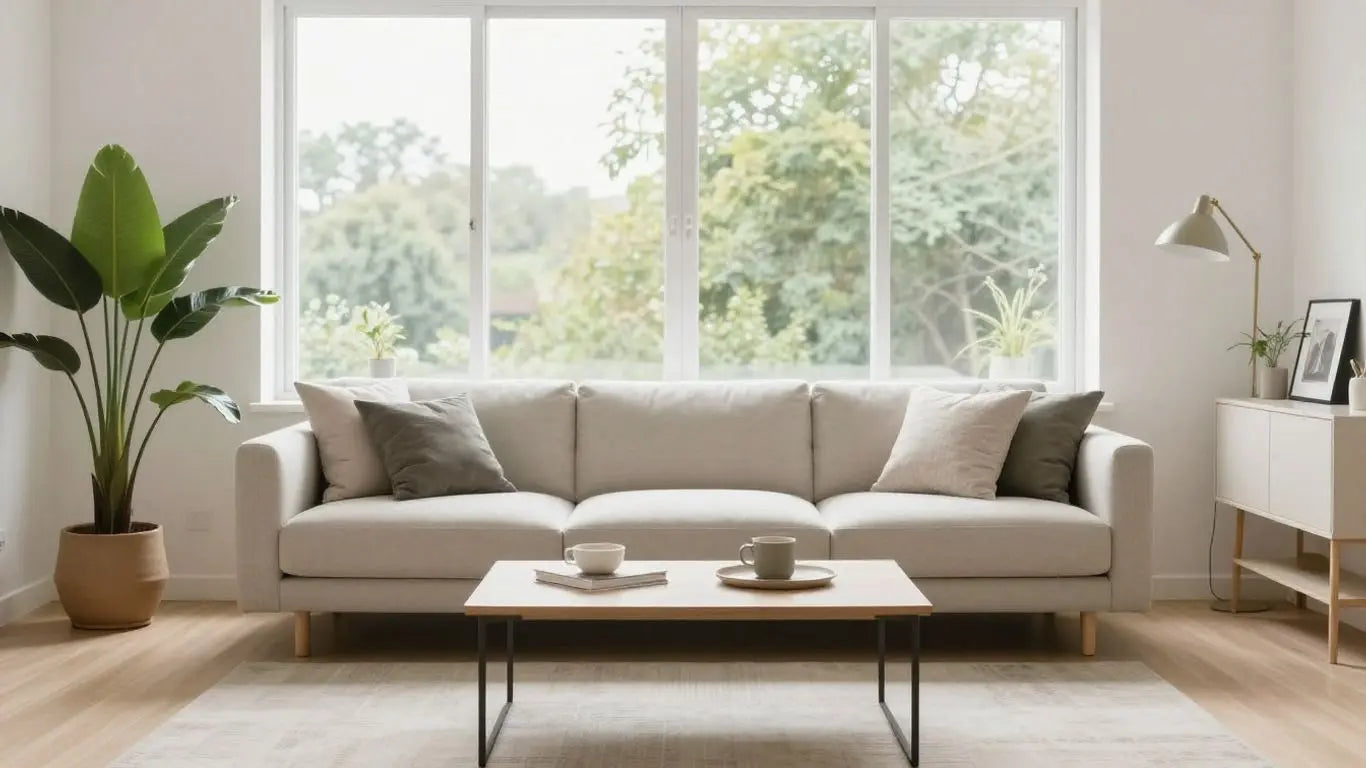Small modern living room with chic furniture and natural light.
