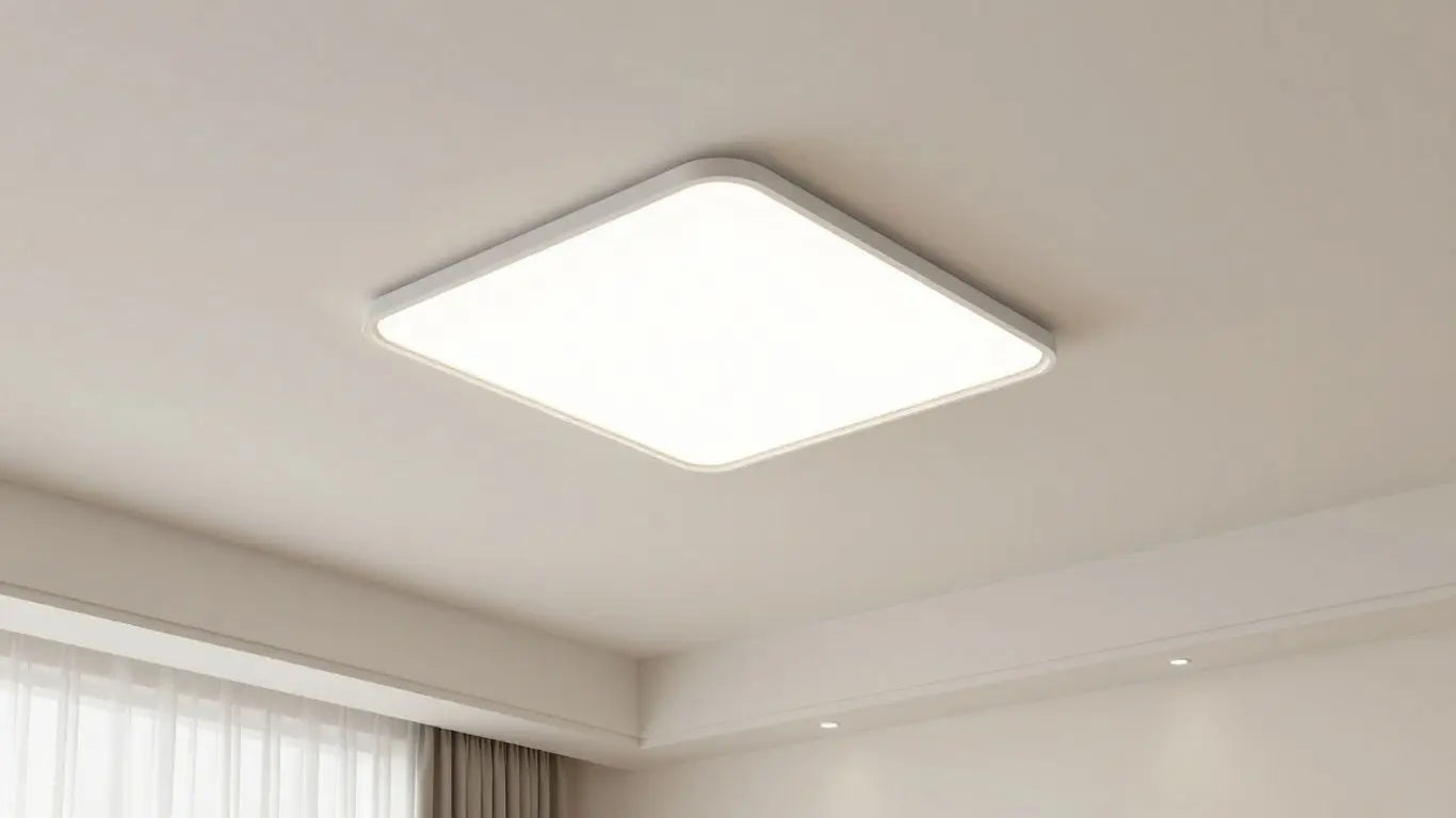 Flush-mount light fixture in a modern living room.