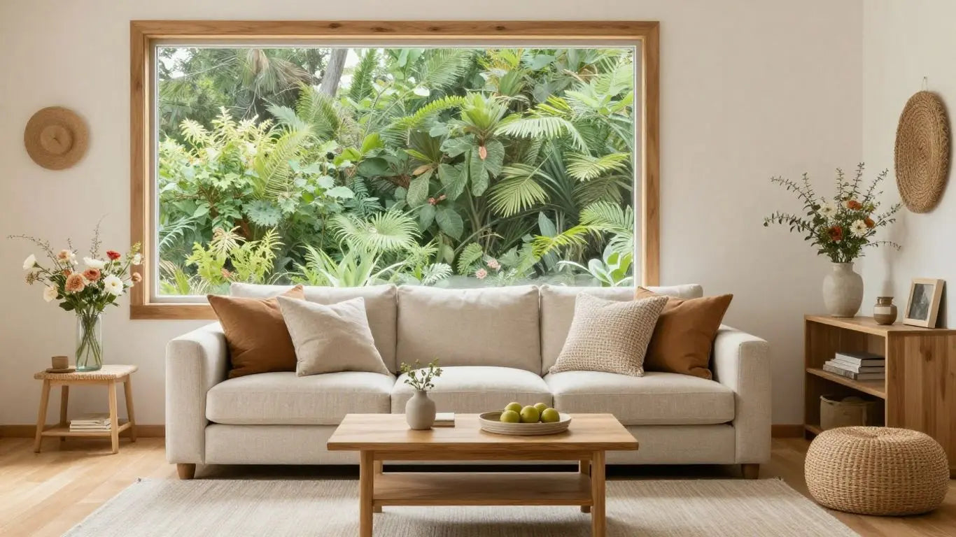 Modern cottage living room with natural light and cozy textures.