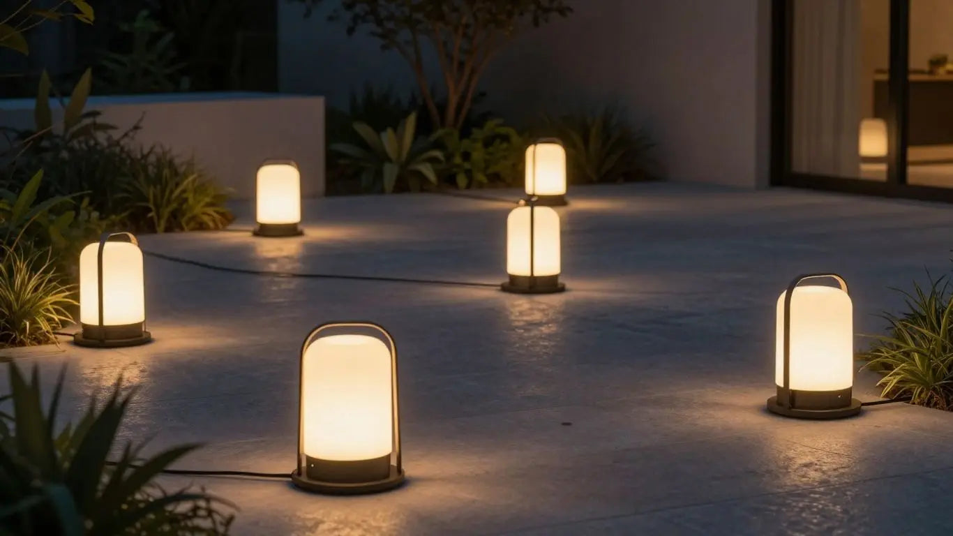 Modern rechargeable outdoor lamps illuminating a garden at dusk.