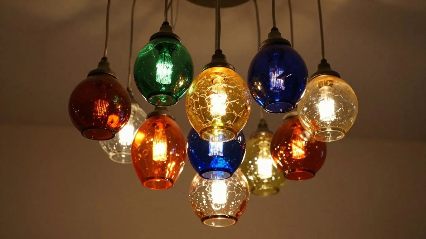 Coloured glass pendant lights illuminating a modern room.