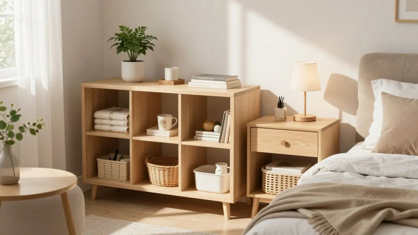 Stylish small bedroom with smart storage and cozy decor.