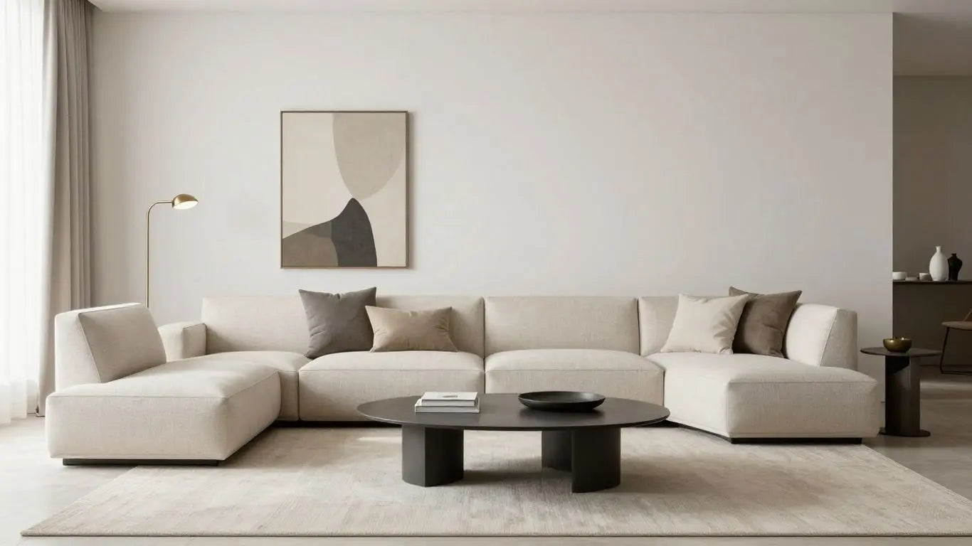 Modern living room with minimalist furniture and natural light.