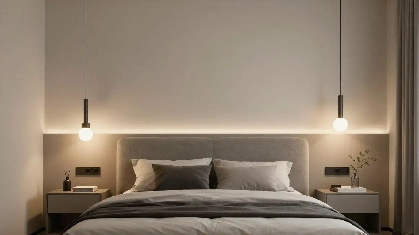 Modern bedroom with stylish bedside hanging lights.