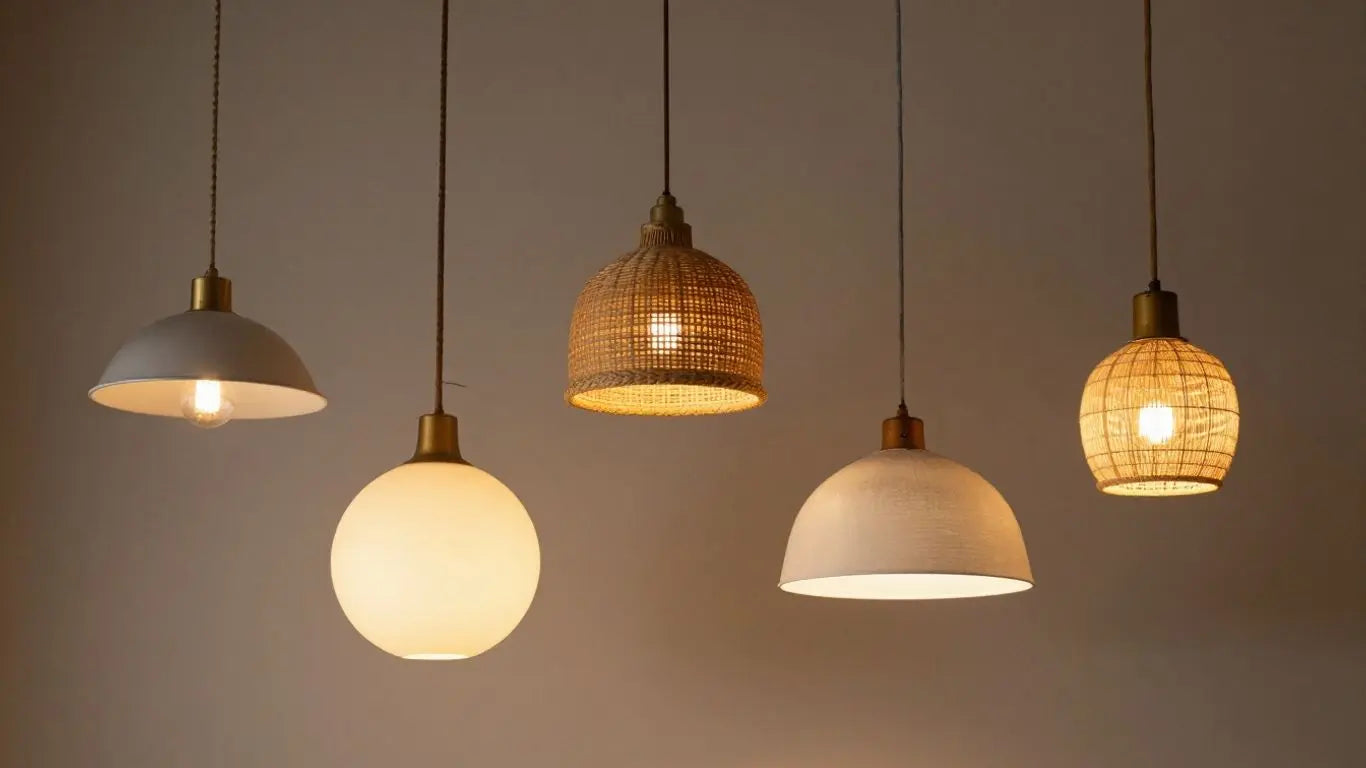Various pendant lights hanging in a stylish room.