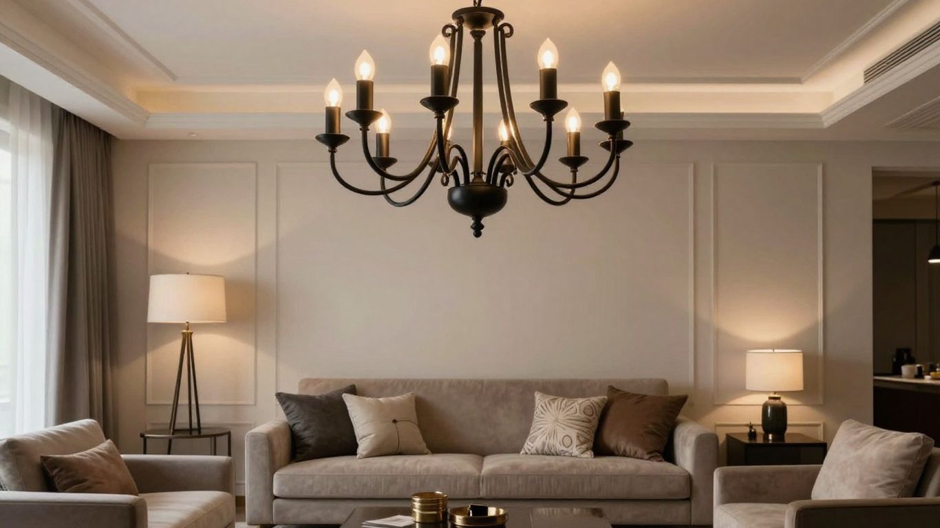 Elegant black chandelier in a modern living room.