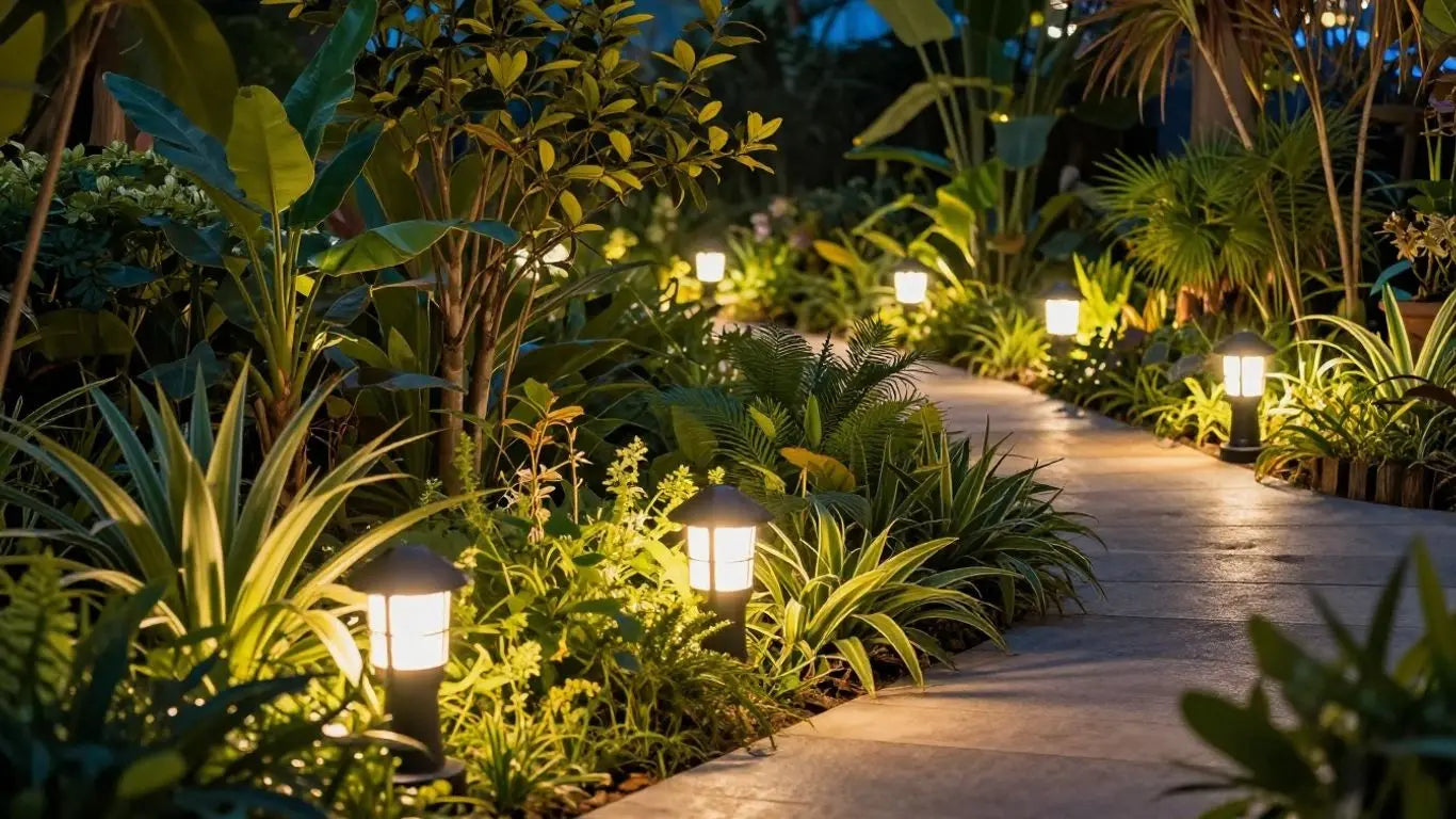 LED outdoor lights illuminating a garden at night.