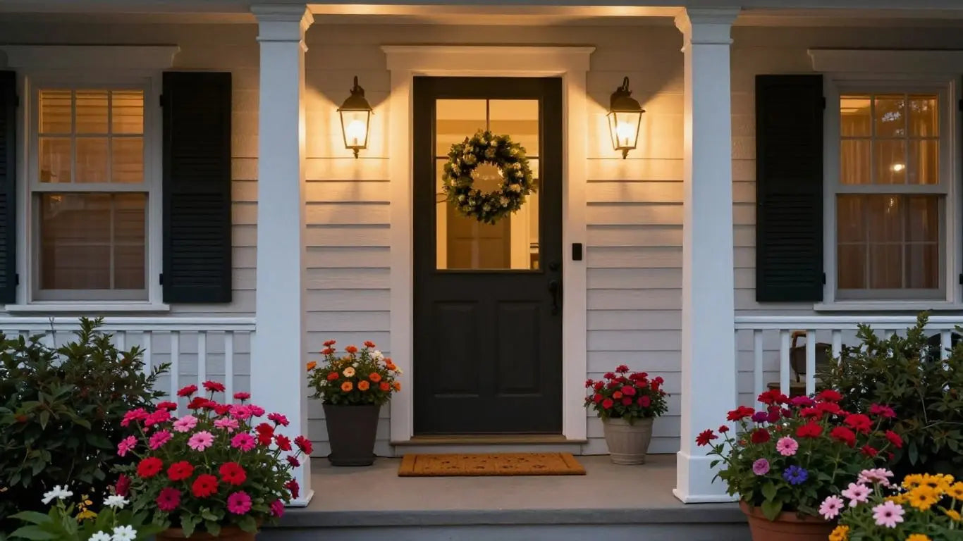 Porch light glowing on house entry with flowers