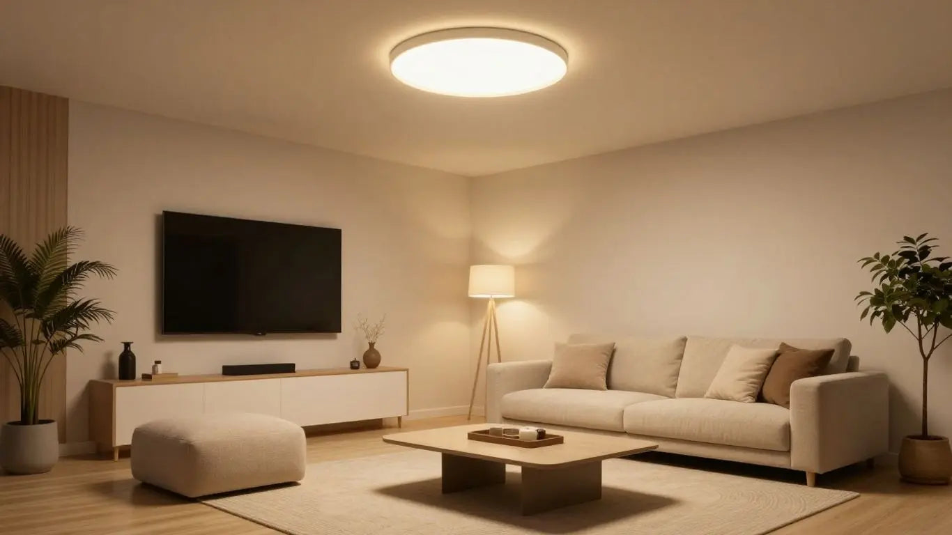 Flush light fitting illuminating a modern living room.