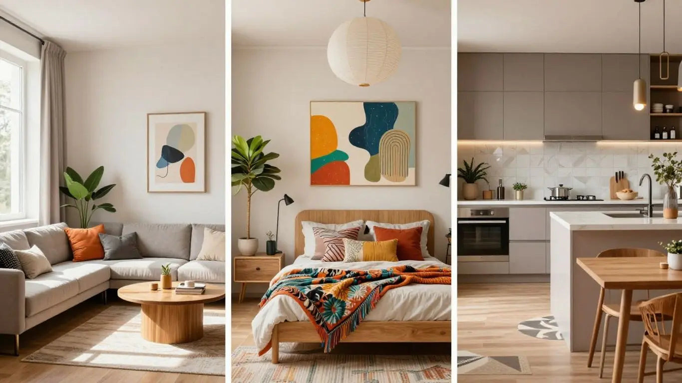 Modern interior design styles: minimalist, bohemian, and modern.
