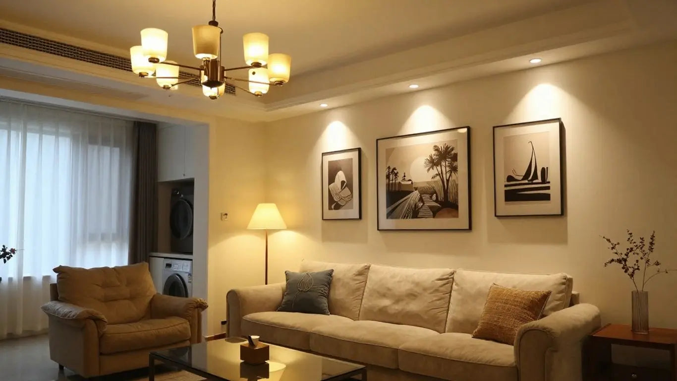 Living room with elegant ceiling lights and modern decor.