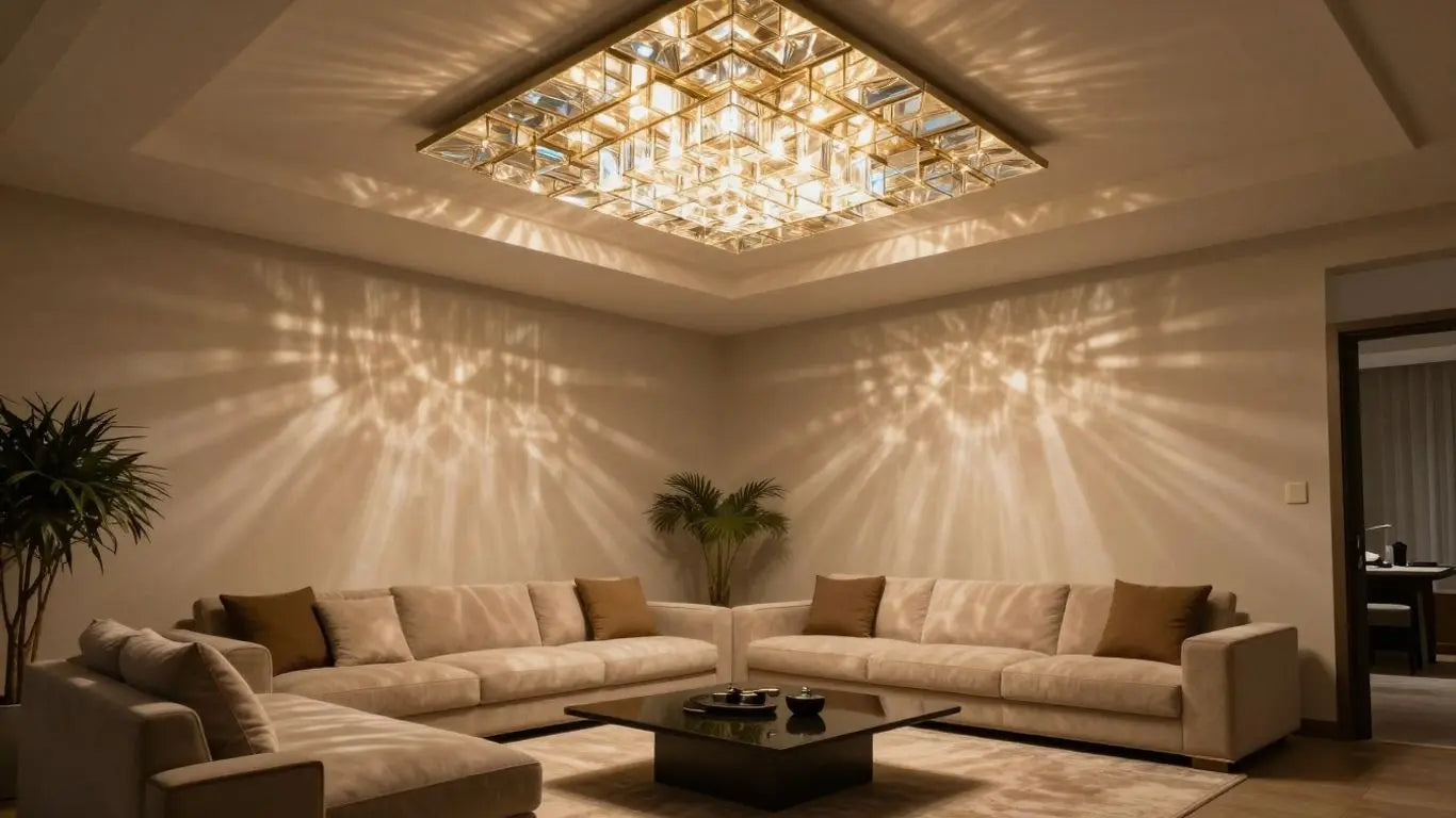 Stylish glass ceiling light fixtures illuminating a modern living room.